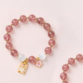 Nimara Ritual Lucky Cat Peach Blossoms Charm Strawberry Quartz White Cat's Eye Healing Bracelet