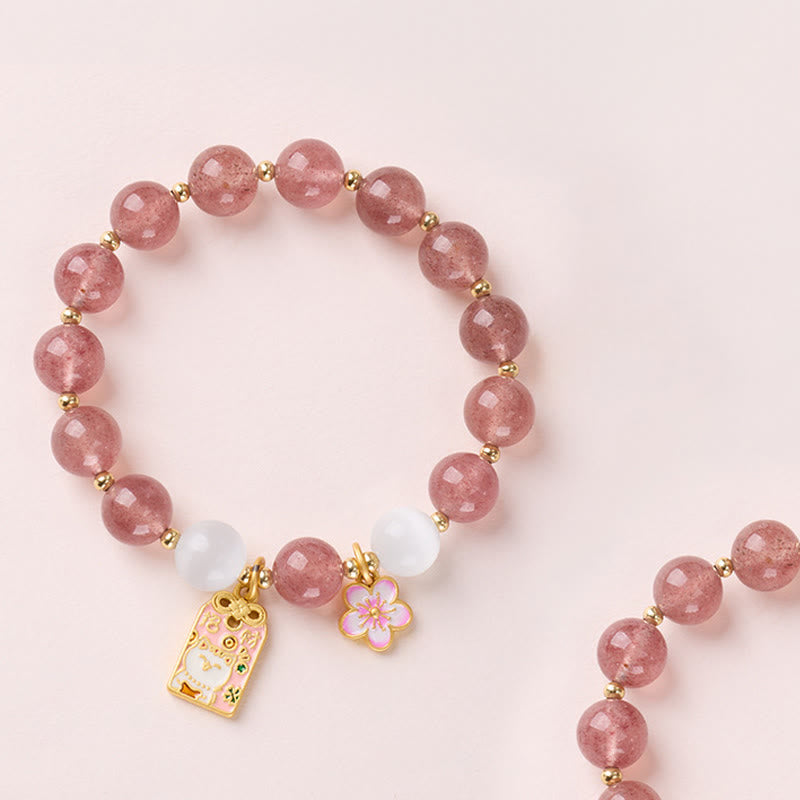 Nimara Ritual Lucky Cat Peach Blossoms Charm Strawberry Quartz White Cat's Eye Healing Bracelet