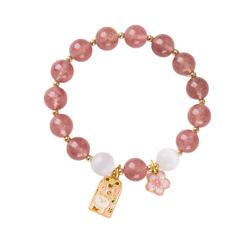 Nimara Ritual Lucky Cat Peach Blossoms Charm Strawberry Quartz White Cat's Eye Healing Bracelet