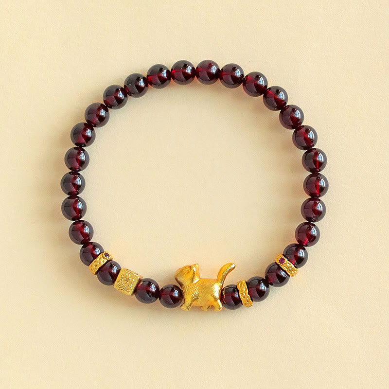 Nimara Ritual Cute Lucky Cat Charm Garnet Cinnabar Calm Protection Beaded Bracelet
