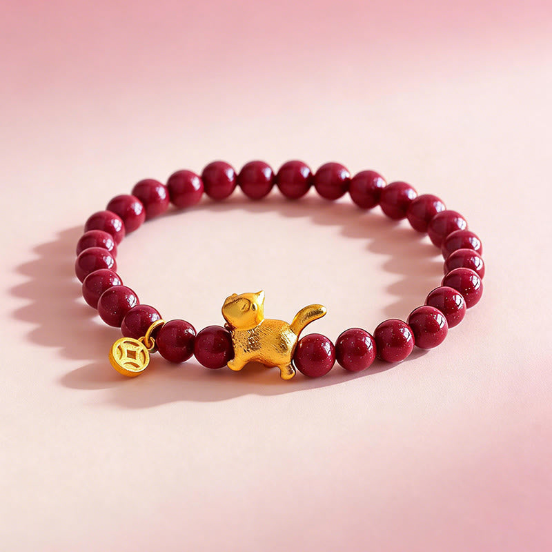 Nimara Ritual Cute Lucky Cat Charm Garnet Cinnabar Calm Protection Beaded Bracelet