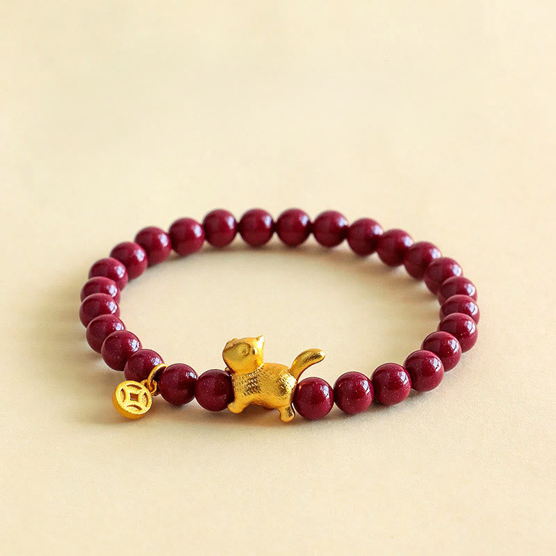 Nimara Ritual Cute Lucky Cat Charm Garnet Cinnabar Calm Protection Beaded Bracelet