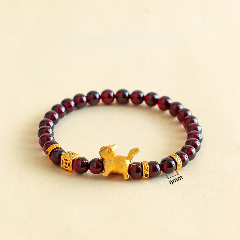 Nimara Ritual Cute Lucky Cat Charm Garnet Cinnabar Calm Protection Beaded Bracelet