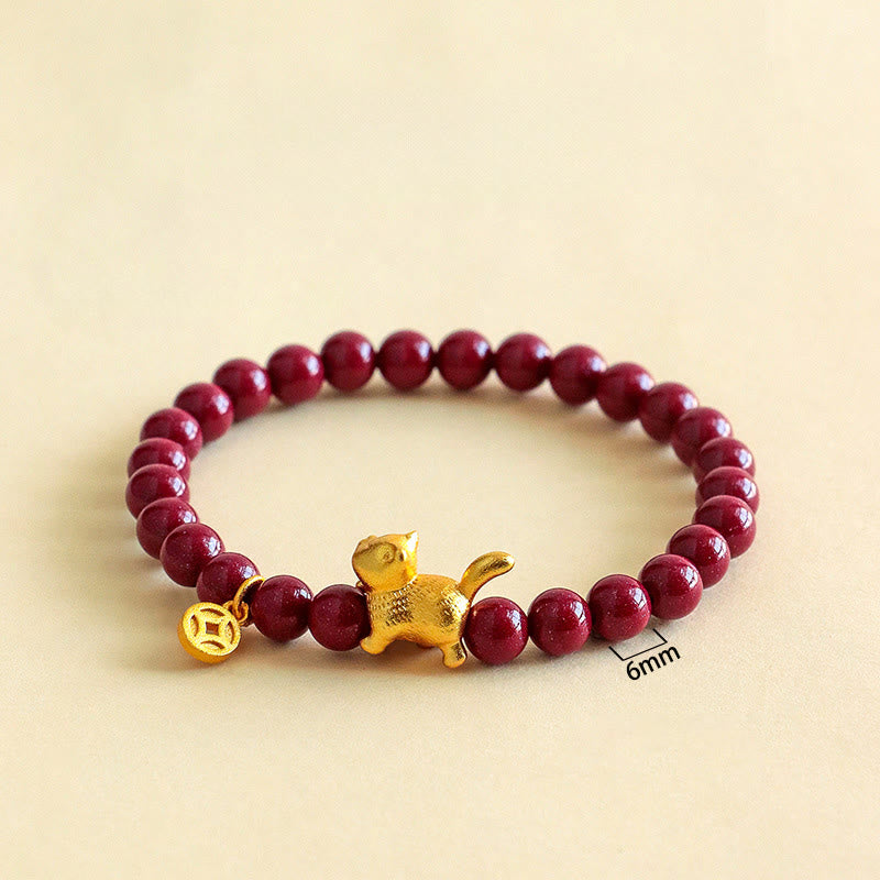 Nimara Ritual Cute Lucky Cat Charm Garnet Cinnabar Calm Protection Beaded Bracelet