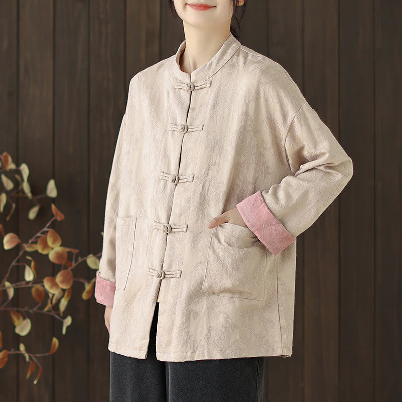 Nimara Ritual Fall Floral Print Frog-Button Stand Collar Long Sleeve Women's Cotton Shirt
