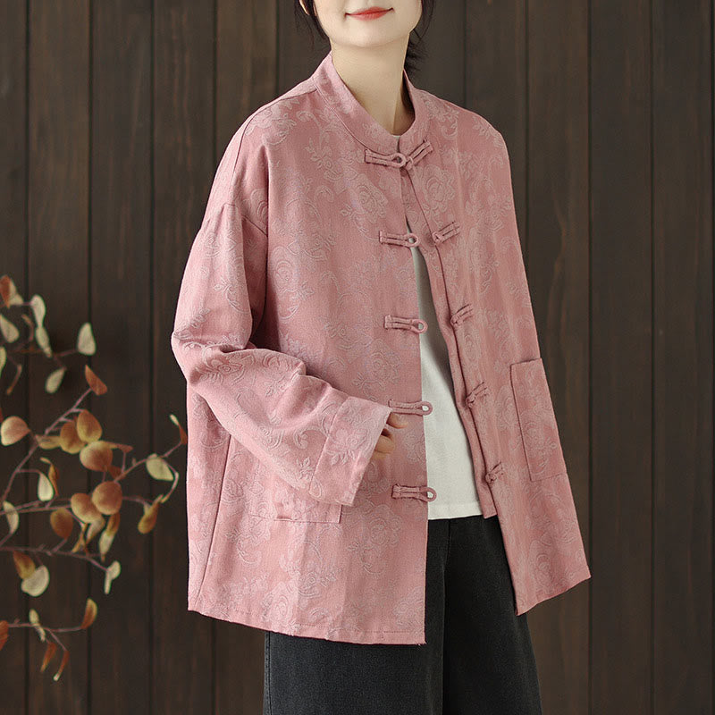 Nimara Ritual Fall Floral Print Frog-Button Stand Collar Long Sleeve Women's Cotton Shirt
