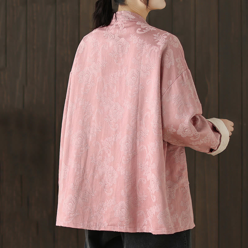 Nimara Ritual Fall Floral Print Frog-Button Stand Collar Long Sleeve Women's Cotton Shirt