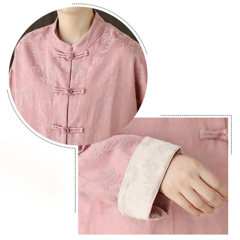 Nimara Ritual Fall Floral Print Frog-Button Stand Collar Long Sleeve Women's Cotton Shirt