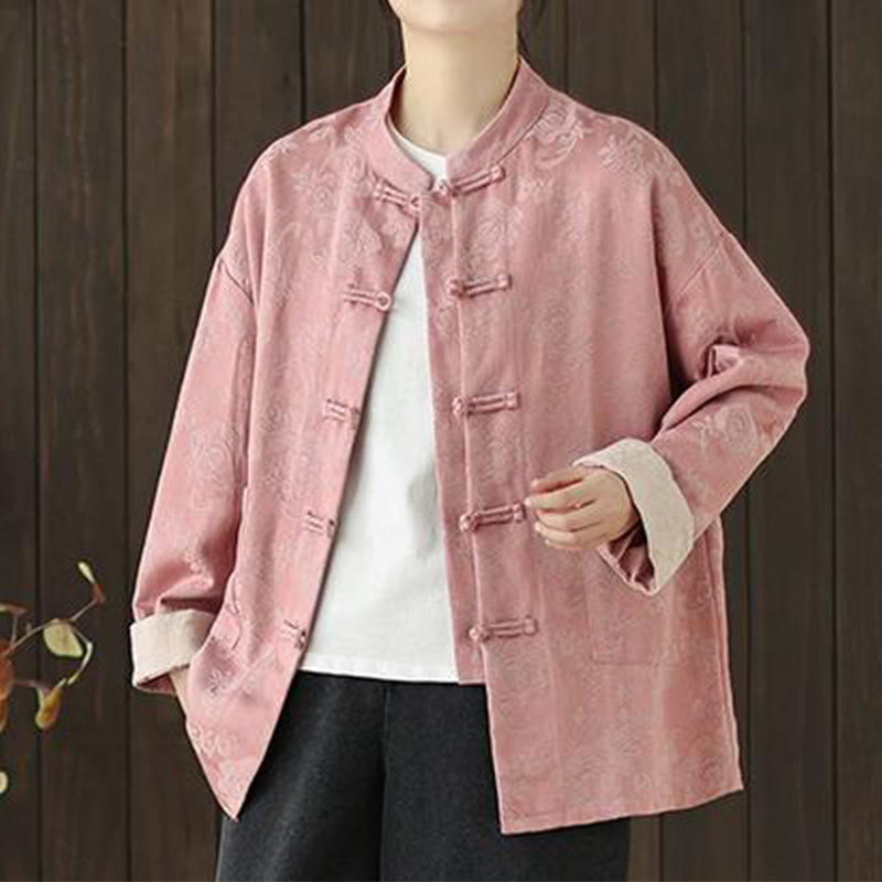 Nimara Ritual Fall Floral Print Frog-Button Stand Collar Long Sleeve Women's Cotton Shirt