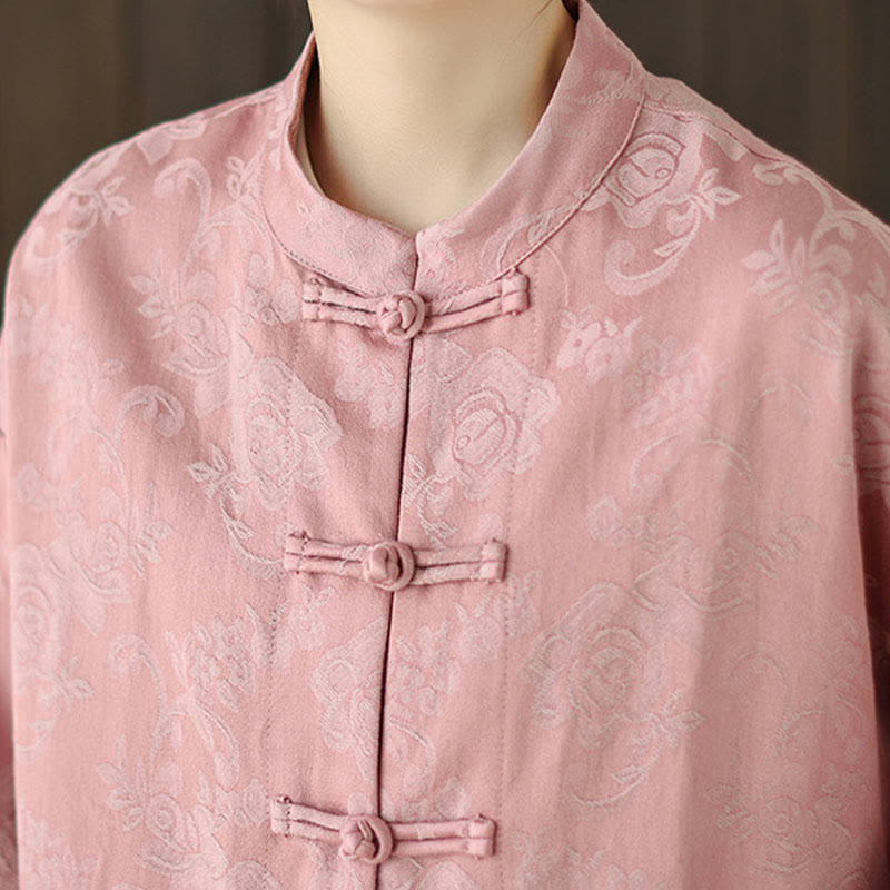 Nimara Ritual Fall Floral Print Frog-Button Stand Collar Long Sleeve Women's Cotton Shirt