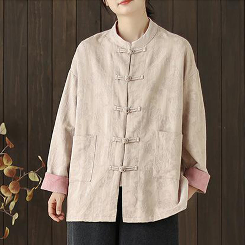 Nimara Ritual Fall Floral Print Frog-Button Stand Collar Long Sleeve Women's Cotton Shirt