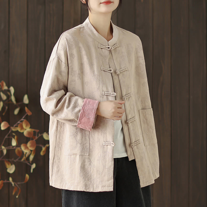 Nimara Ritual Fall Floral Print Frog-Button Stand Collar Long Sleeve Women's Cotton Shirt