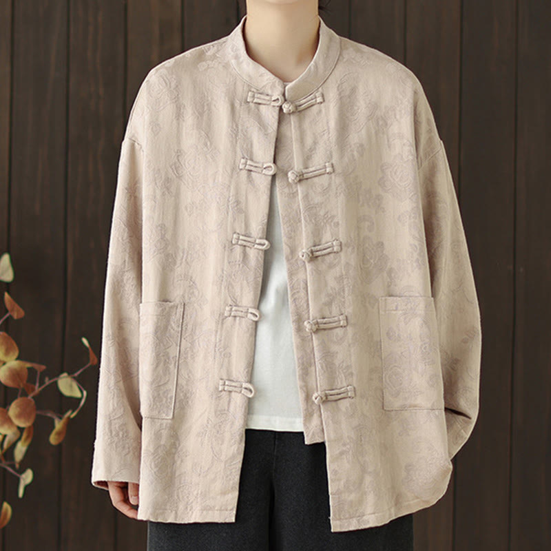 Nimara Ritual Fall Floral Print Frog-Button Stand Collar Long Sleeve Women's Cotton Shirt