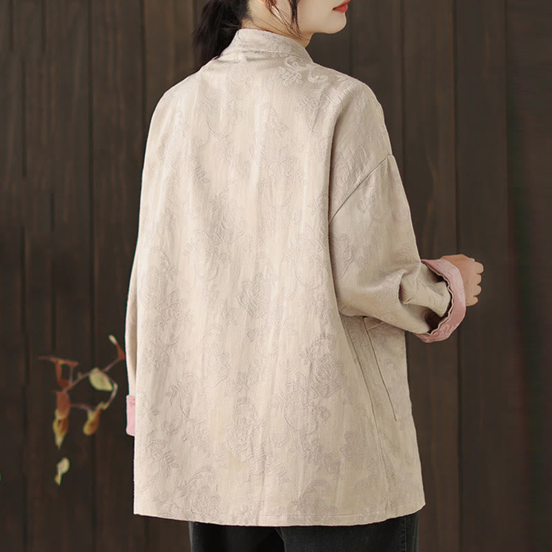 Nimara Ritual Fall Floral Print Frog-Button Stand Collar Long Sleeve Women's Cotton Shirt