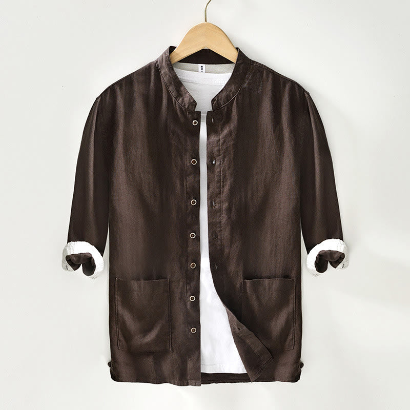 Nimara Ritual Fall Solid Color Buttons Down Stand Collar Three Quarter Sleeve Linen Men's Shirt With Pockets