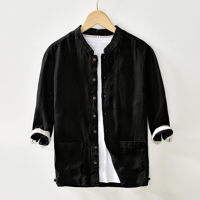 Nimara Ritual Fall Solid Color Buttons Down Stand Collar Three Quarter Sleeve Linen Men's Shirt With Pockets