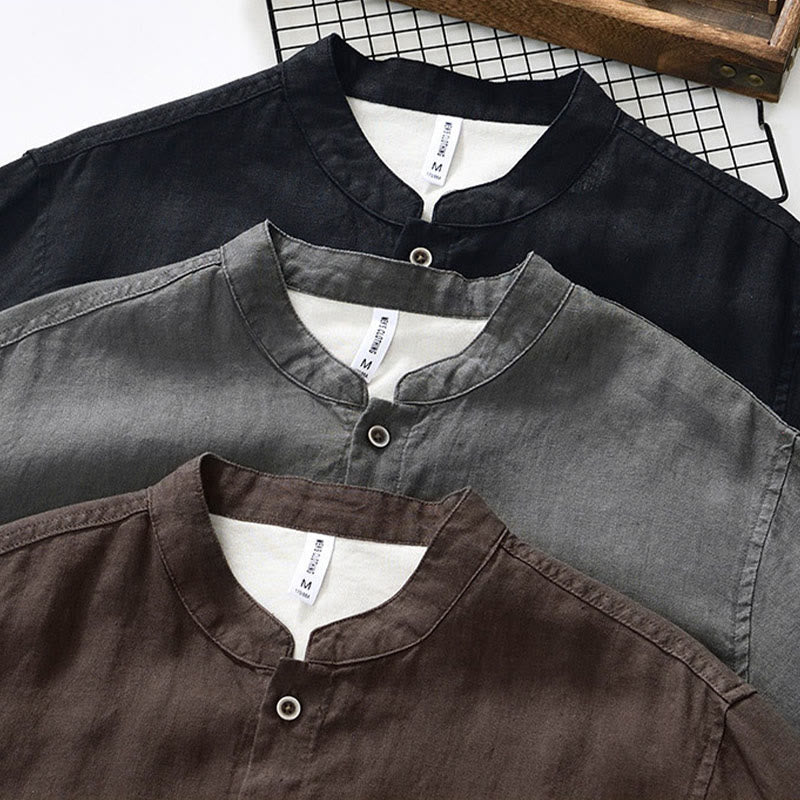 Nimara Ritual Fall Solid Color Buttons Down Stand Collar Three Quarter Sleeve Linen Men's Shirt With Pockets
