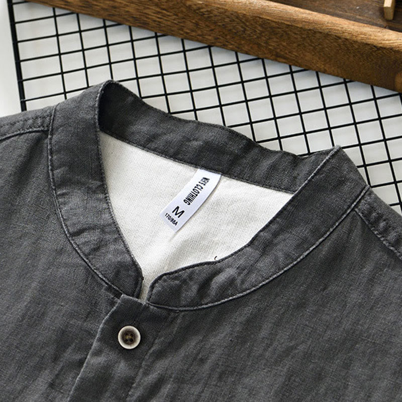 Nimara Ritual Fall Solid Color Buttons Down Stand Collar Three Quarter Sleeve Linen Men's Shirt With Pockets