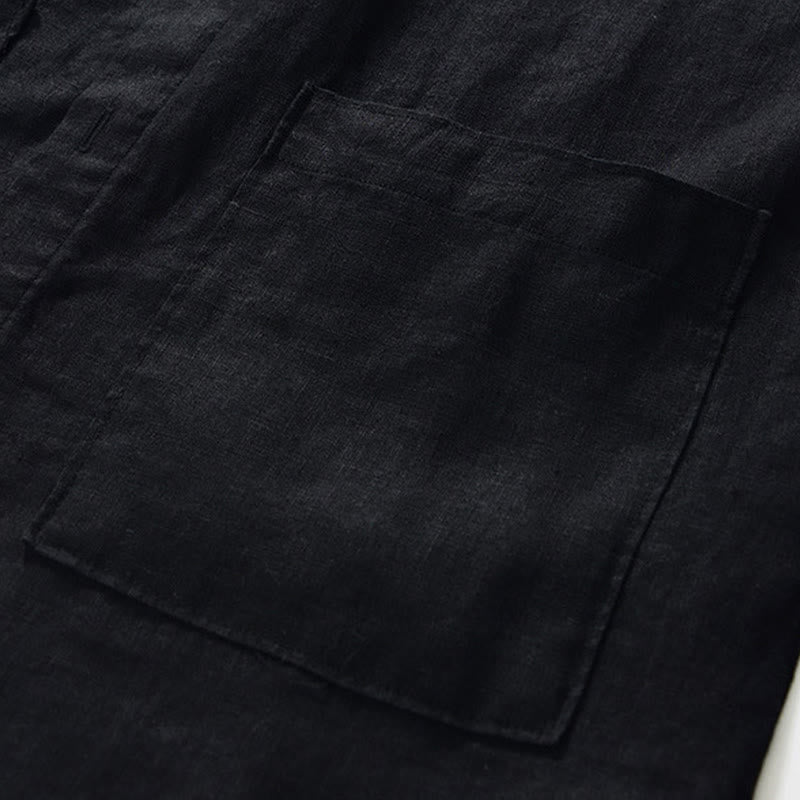 Nimara Ritual Fall Solid Color Buttons Down Stand Collar Three Quarter Sleeve Linen Men's Shirt With Pockets