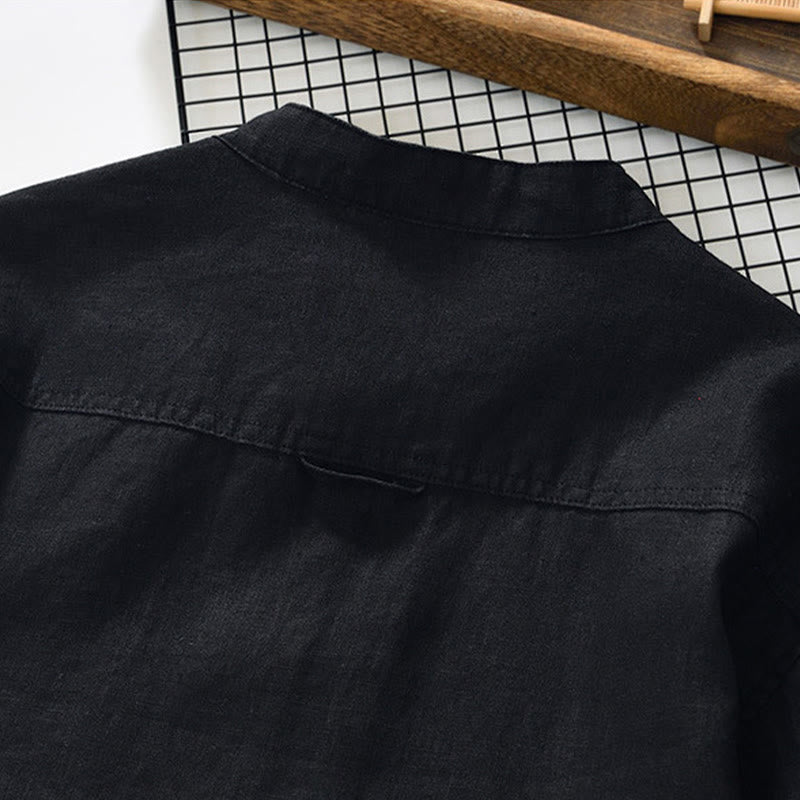Nimara Ritual Fall Solid Color Buttons Down Stand Collar Three Quarter Sleeve Linen Men's Shirt With Pockets