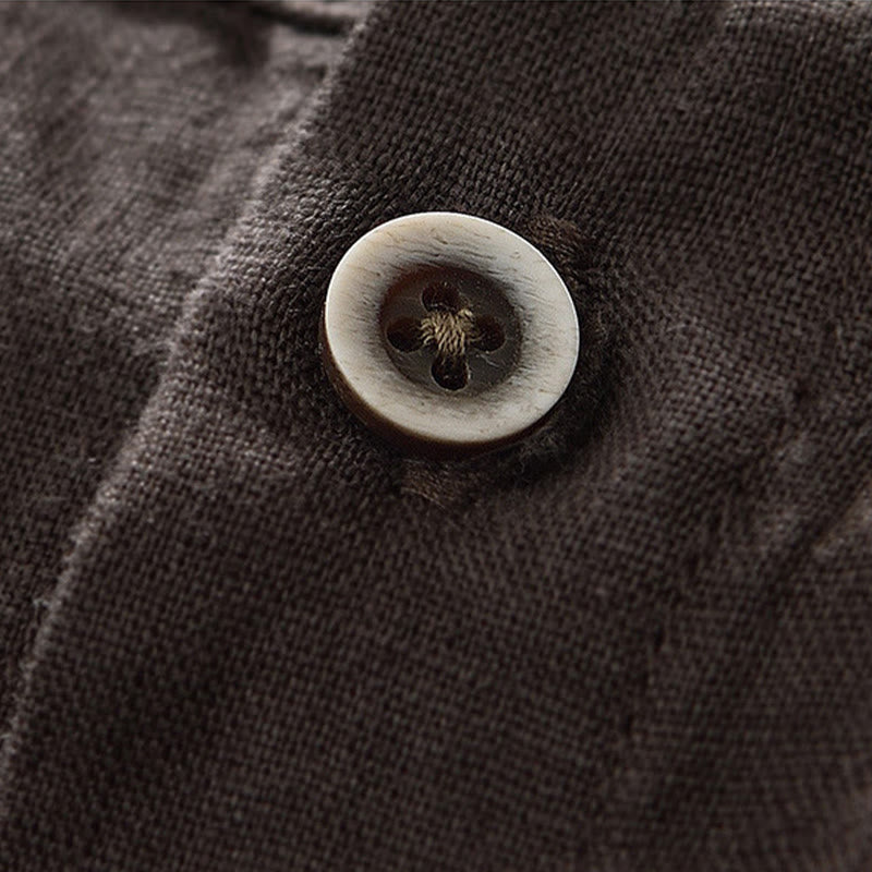 Nimara Ritual Fall Solid Color Buttons Down Stand Collar Three Quarter Sleeve Linen Men's Shirt With Pockets