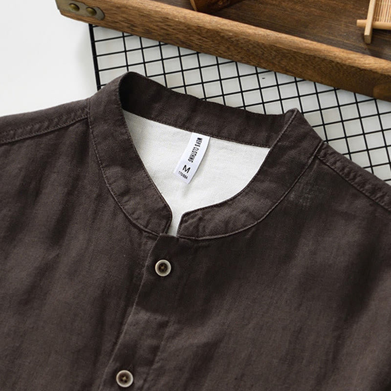 Nimara Ritual Fall Solid Color Buttons Down Stand Collar Three Quarter Sleeve Linen Men's Shirt With Pockets