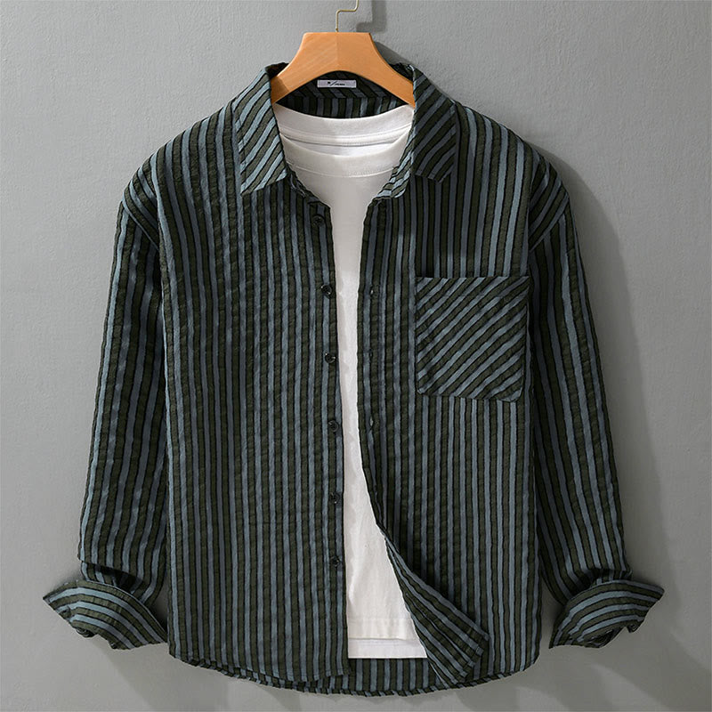 Nimara Ritual Vintage Striped Buttons Down Stand Collar Long Sleeve Men's Cotton Shirt