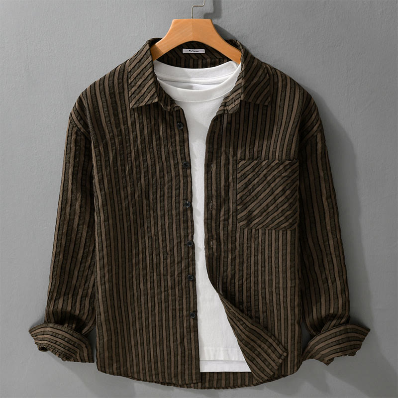 Nimara Ritual Vintage Striped Buttons Down Stand Collar Long Sleeve Men's Cotton Shirt