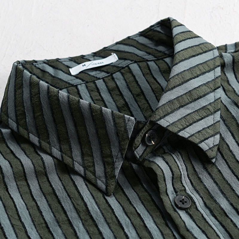 Nimara Ritual Vintage Striped Buttons Down Stand Collar Long Sleeve Men's Cotton Shirt