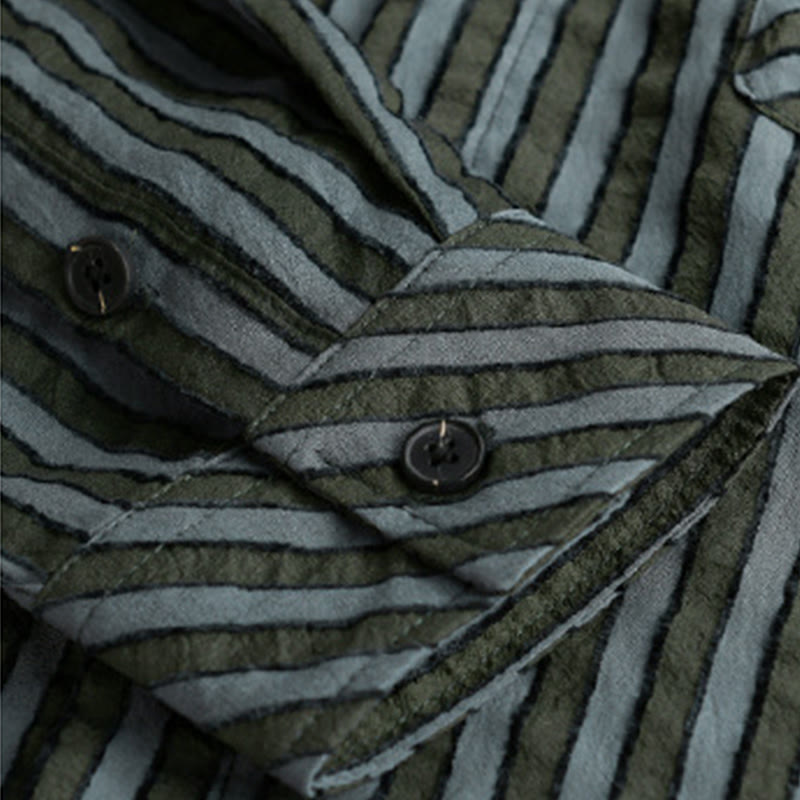 Nimara Ritual Vintage Striped Buttons Down Stand Collar Long Sleeve Men's Cotton Shirt
