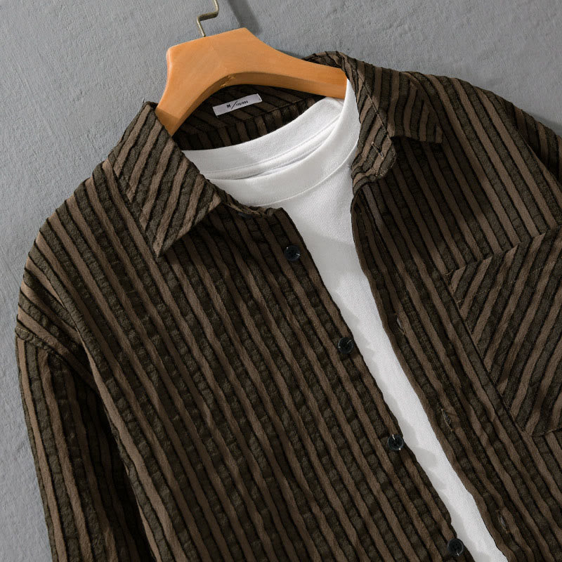Nimara Ritual Vintage Striped Buttons Down Stand Collar Long Sleeve Men's Cotton Shirt
