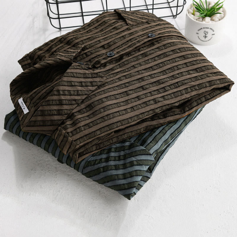 Nimara Ritual Vintage Striped Buttons Down Stand Collar Long Sleeve Men's Cotton Shirt