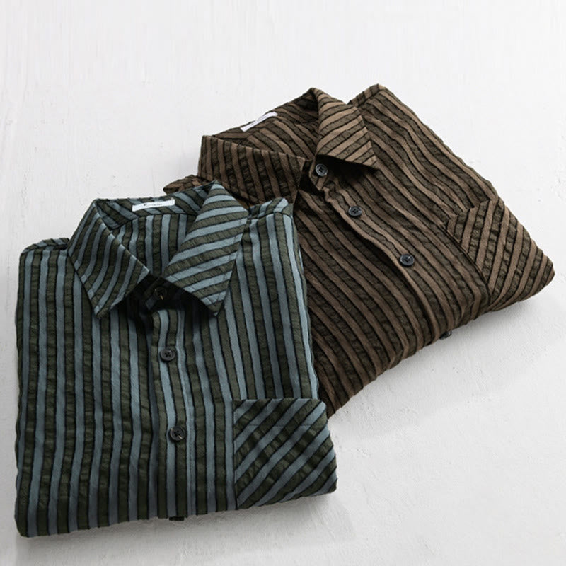 Nimara Ritual Vintage Striped Buttons Down Stand Collar Long Sleeve Men's Cotton Shirt