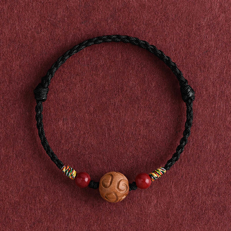 Nimara Ritual Carved Auspicious Pattern Natural Peach Wood Rope Luck Bracelet