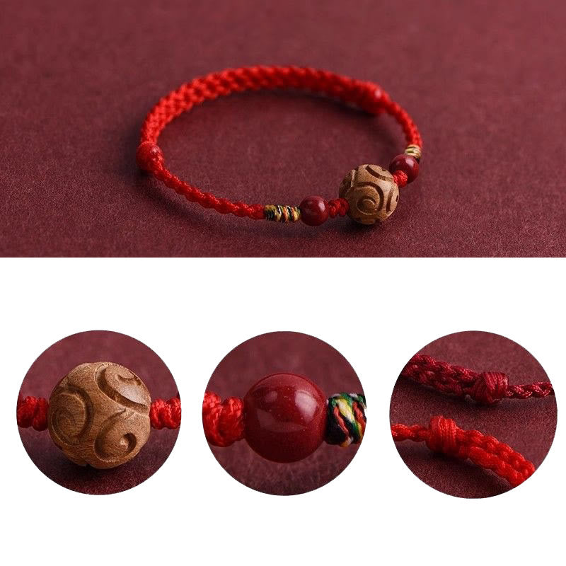 Nimara Ritual Carved Auspicious Pattern Natural Peach Wood Rope Luck Bracelet