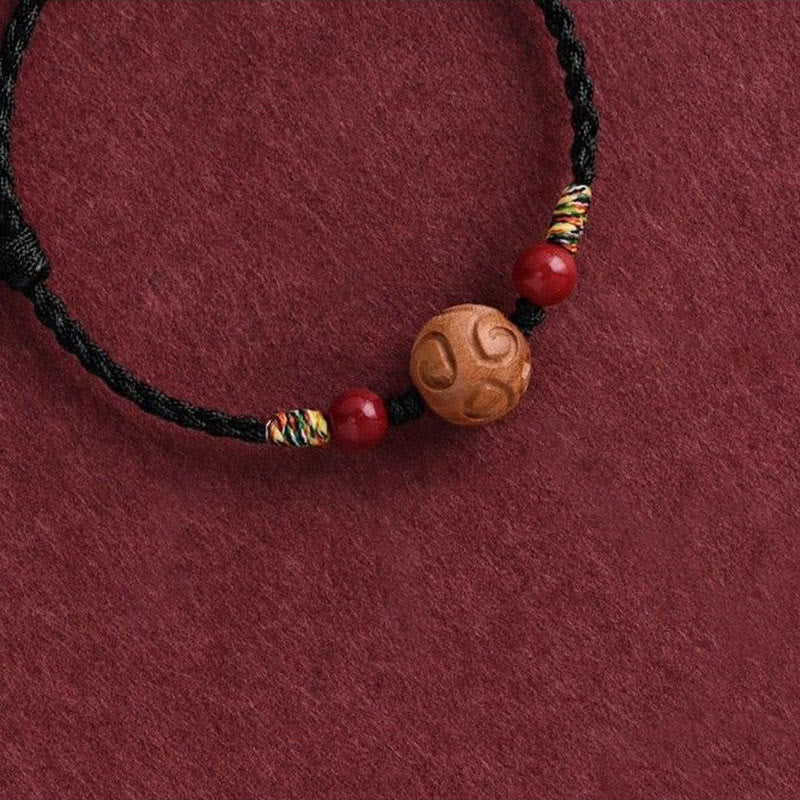 Nimara Ritual Carved Auspicious Pattern Natural Peach Wood Rope Luck Bracelet