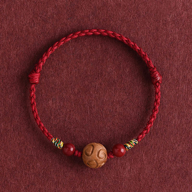 Nimara Ritual Carved Auspicious Pattern Natural Peach Wood Rope Luck Bracelet