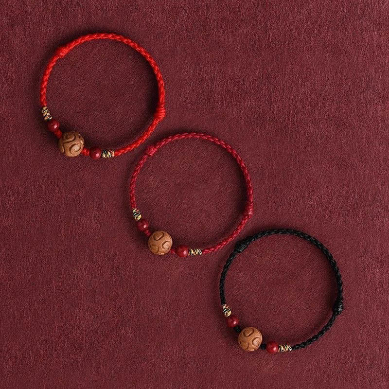 Nimara Ritual Carved Auspicious Pattern Natural Peach Wood Rope Luck Bracelet