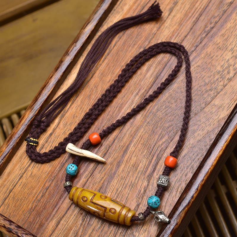 Nimara Ritual Copper Nine-Eye Dzi Bead Bone Bead Luck Balance Necklace Pendants