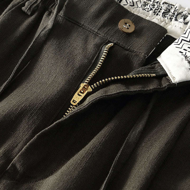 Nimara Ritual Fall Solid Drawstring Zipper Men's Linen Wide Leg Pants With Pockets