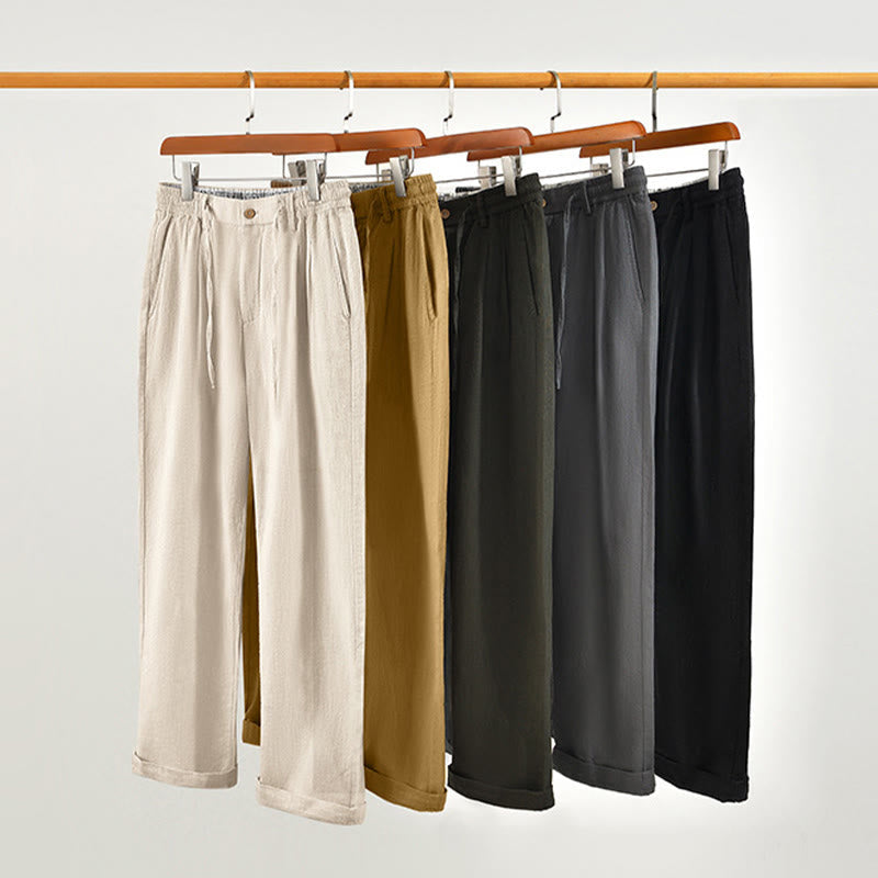 Nimara Ritual Fall Solid Drawstring Zipper Men's Linen Wide Leg Pants With Pockets