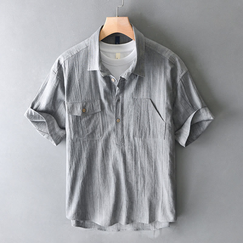 Nimara Ritual Summer Solid Pleated Design Men's Half Button Short Sleeve Cotton Ramie Shirt