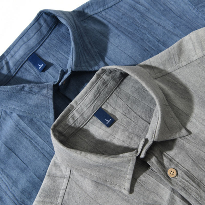 Nimara Ritual Summer Solid Pleated Design Men's Half Button Short Sleeve Cotton Ramie Shirt