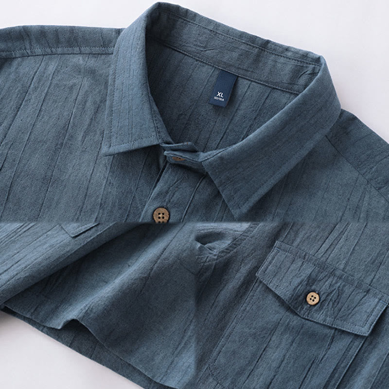 Nimara Ritual Summer Solid Pleated Design Men's Half Button Short Sleeve Cotton Ramie Shirt