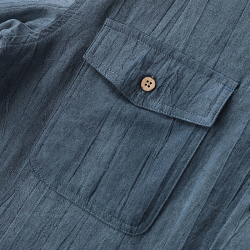 Nimara Ritual Summer Solid Pleated Design Men's Half Button Short Sleeve Cotton Ramie Shirt