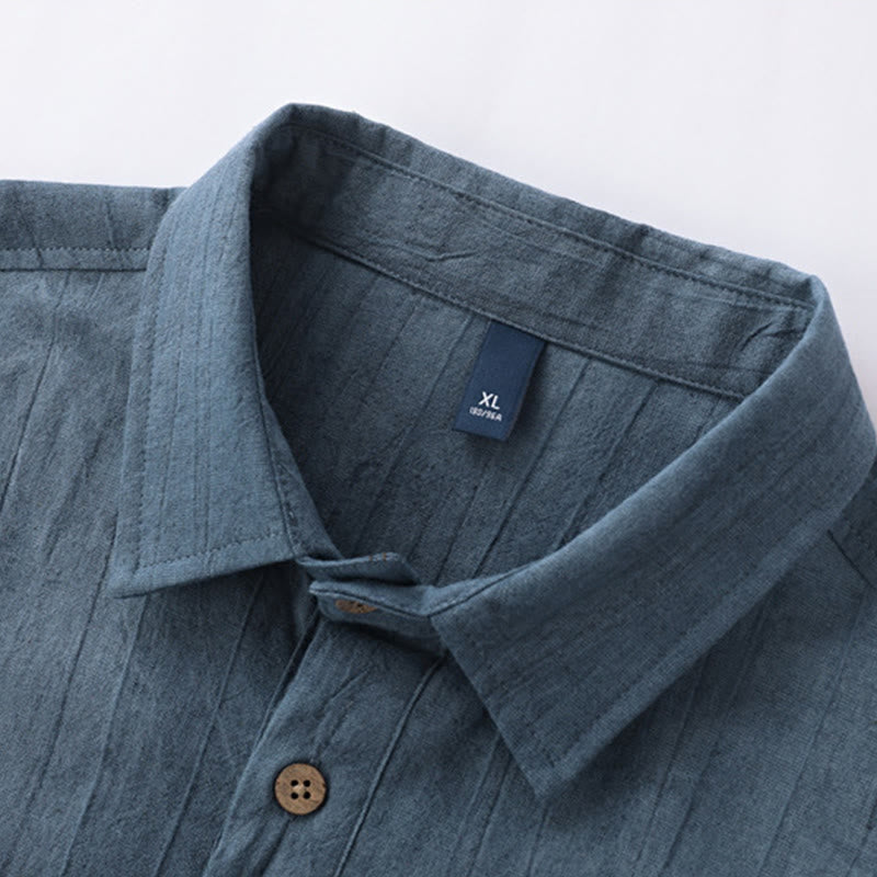 Nimara Ritual Summer Solid Pleated Design Men's Half Button Short Sleeve Cotton Ramie Shirt
