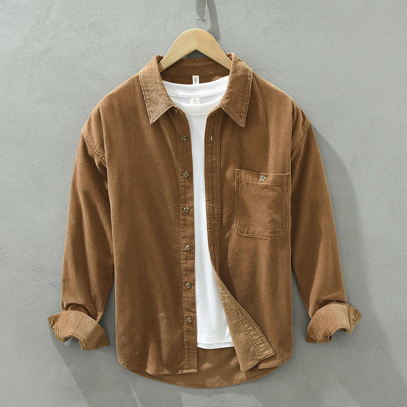 Nimara Ritual Fall Decorative Pocket Buttons Down Stand Collar Long Sleeve Men's Cotton Corduroy Shirt