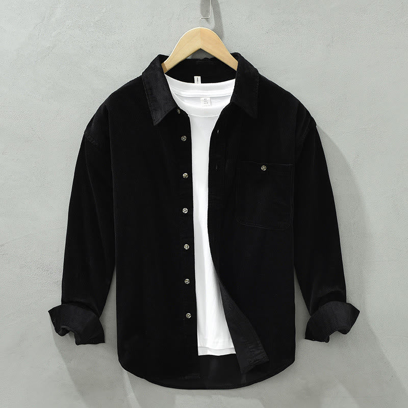 Nimara Ritual Fall Decorative Pocket Buttons Down Stand Collar Long Sleeve Men's Cotton Corduroy Shirt