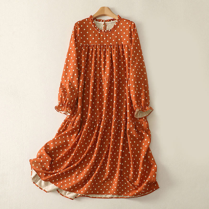 Nimara Ritual Fall Polka Dot Design Crew Neck Long Sleeve Women's Midi Dress