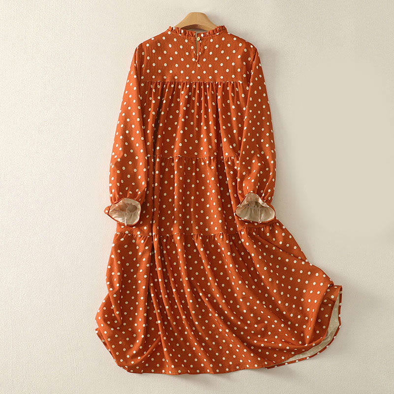 Nimara Ritual Fall Polka Dot Design Crew Neck Long Sleeve Women's Midi Dress